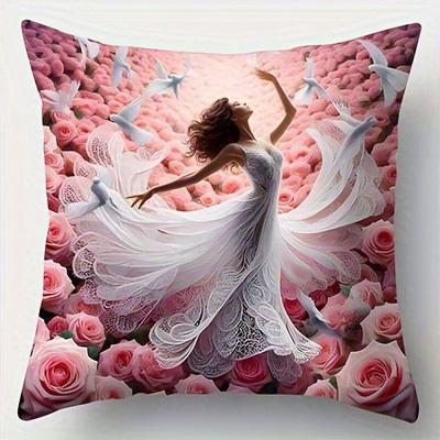 Home Decor Dancing Ballerinas With Roses And Butterflies Pattern Cushion Cover Suitable For Sofa Bedroom Car Pillow Cover
