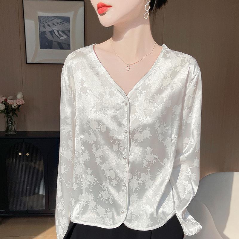 

Топ из жаккардового атласа с V-образным вырезом - Корейский стиль Весенне-летняя легкая куртка для женщин XL белый