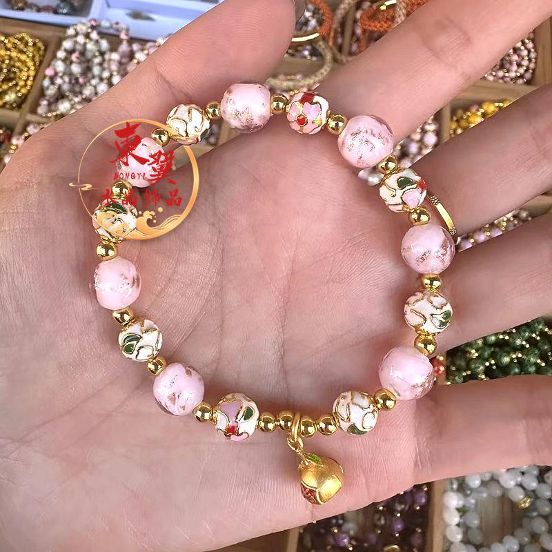 Pink Gold Sand Luminous Glaze White Cloisonné Luck Beads Bracelet with Ash Porcelain and Gold Foil.