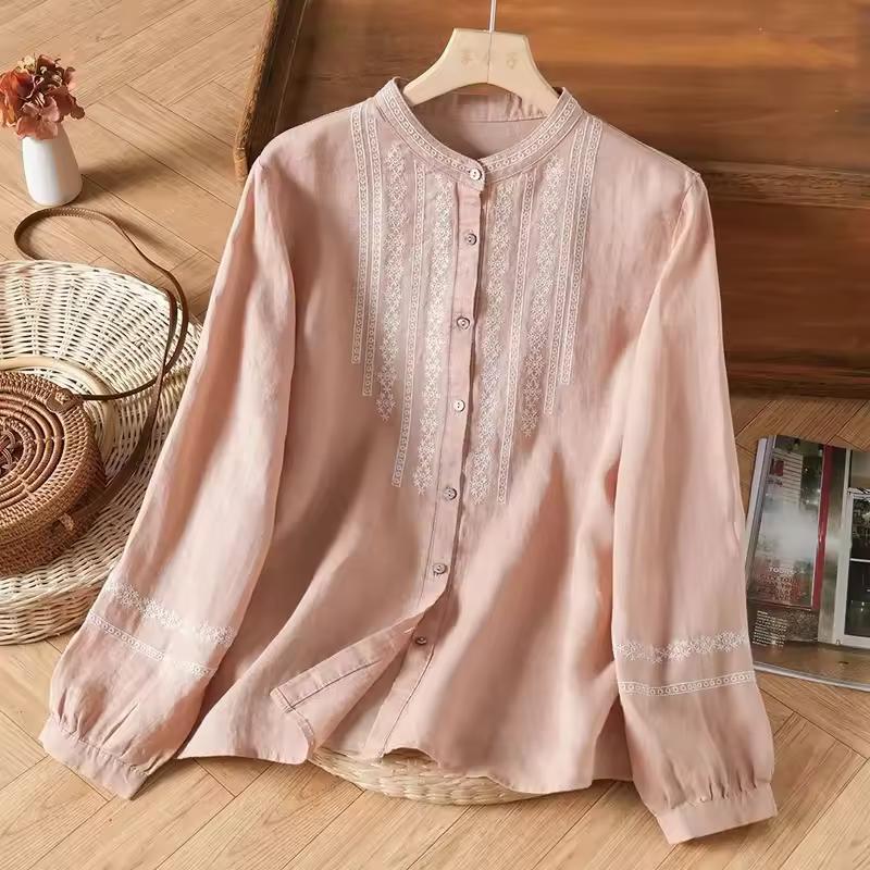 Women's Retro Artistic Embroidered Cotton Linen Stand Collar Loose Long Sleeve Women's Shirt Spring Style Top