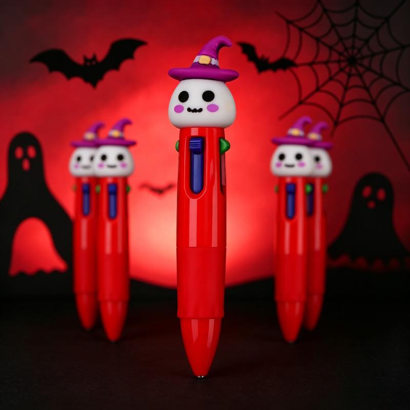 23 Pcs Halloween Four-Color Retractable Ballpoint Pens, 3D Cute Purple Hat Ghost Topper , Student Stationery, School & Office Supplies,