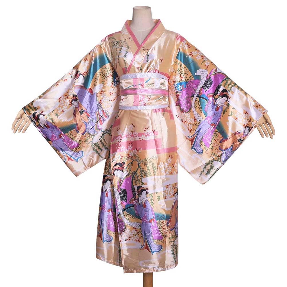 Long Kimono Japanese Stage Costume with Japanese Pattern Women's Dress, Ukiyo-e Style, Yukata, Geisha, Dance, (KL06-Light Gold)