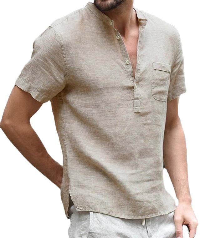 Men's Cotton Linen Stand Collar Short Sleeve Button-Up T-Shirt