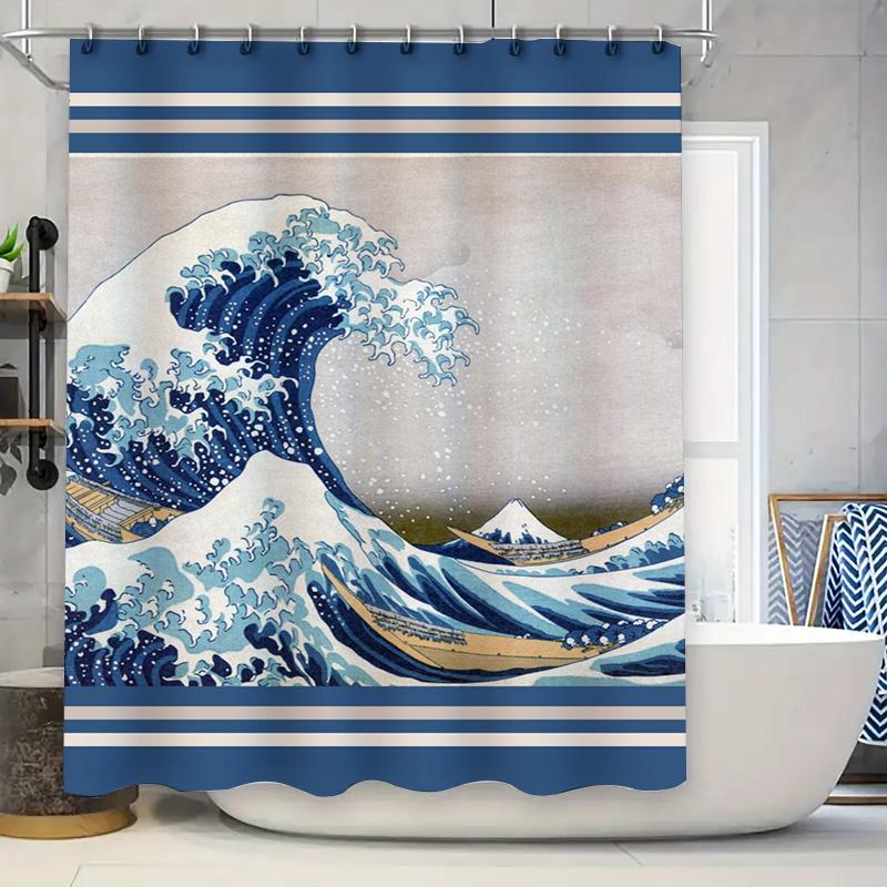 

Blue Ocean Wave Shower Curtain Decorative Waterproof Fabric Home Bath Decoration Blue/White Stripes Design (180x205cm) 90x180cm