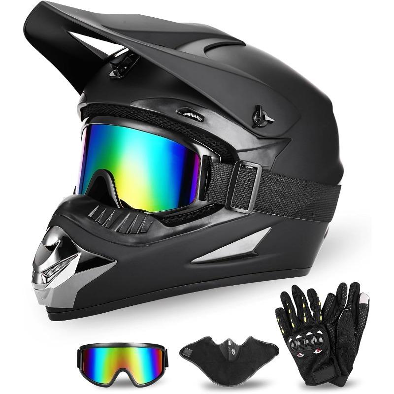 Full Face Dirt Bike Helmet  ,Adult ATV Helmet Kit with Goggles, Gloves & Mask, Adjustable Visor, Quick Release