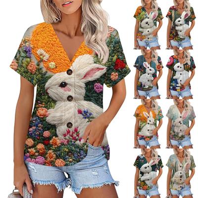 Damska koszulka z krótkim rękawem i dekoltem V, z nadrukiem wielkanocnym, casualowa, zapinana na guziki