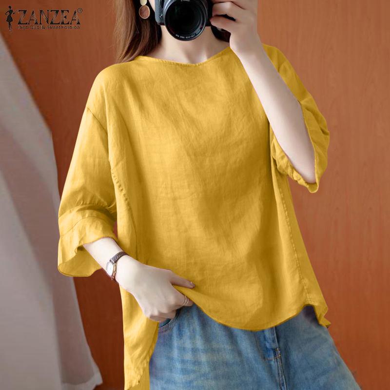 

ZANZEA Женская повседневная однотонная летняя блузка с круглым вырезом и рукавами 3/4