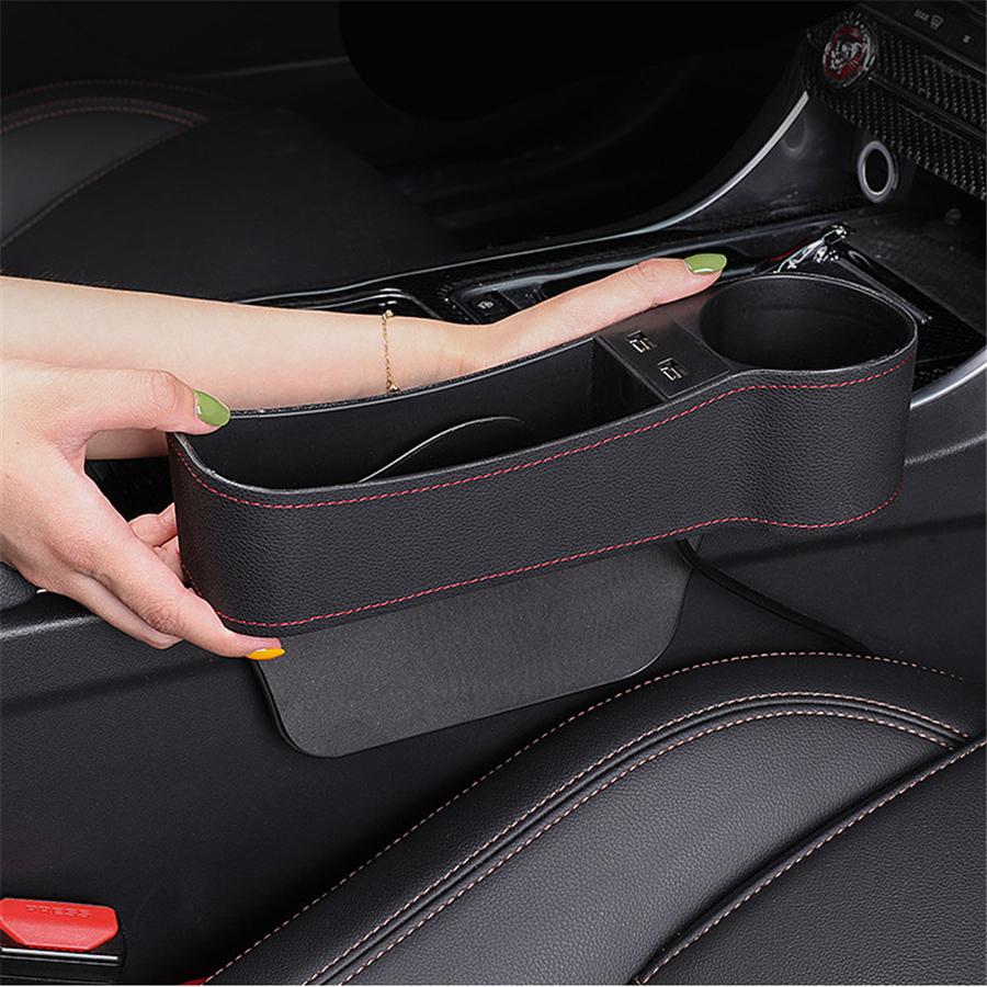 Pair Left + Right PU Leather Car Seat Gap Storage Box Crevice Organizer Pocket Dual USB Cup Holder