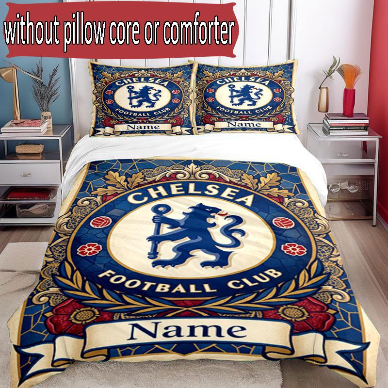 3pcs Duvet Cover Set (1*Duvet Cover + 2*Pillowcase, Without Core), Custom Name Chelsea Football Club Pattern Bedding Set, Home Bedroom Decor Gift