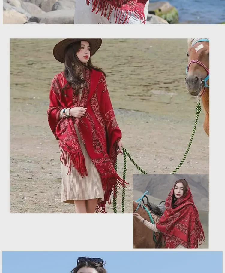 Ethnic Style Cashew Pattern Shawl Cloak Scarf: Imitation Cashmere, Thick, Dual-Purpose Women's Accessory for Autumn/Winter