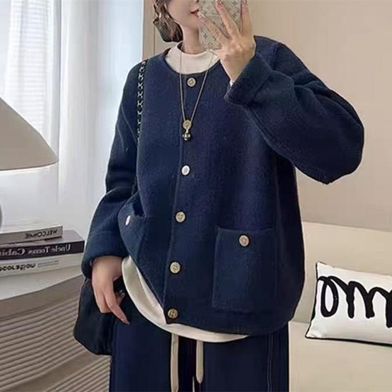 Crew neck knitted cardigan women's clothing autumn new loose and thin versatile single-breasted sweater jacket