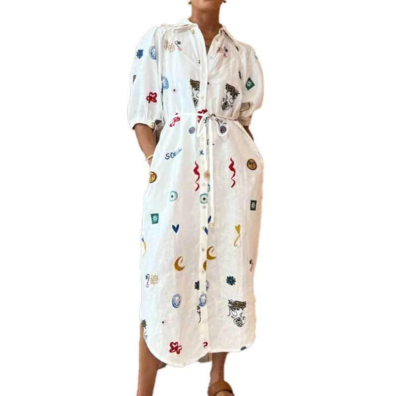 European & American Women's Printed Lapel Long Shirt Dress with Slimming Belt 661 for 2026