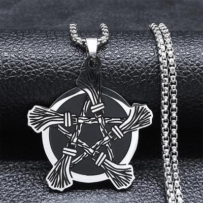 Hexerei Pentagram Hexe Besen Halskette für Frauen/Männer Edelstahl Wicca Stern Halsketten Schmuck corrente masculina N3379S02