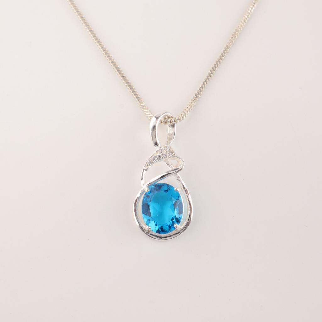 Rare Swiss Blue Topaz Gemstone 925 Sterling Silver Jewelry Zircon Pendant 1.22" CZP-13-2