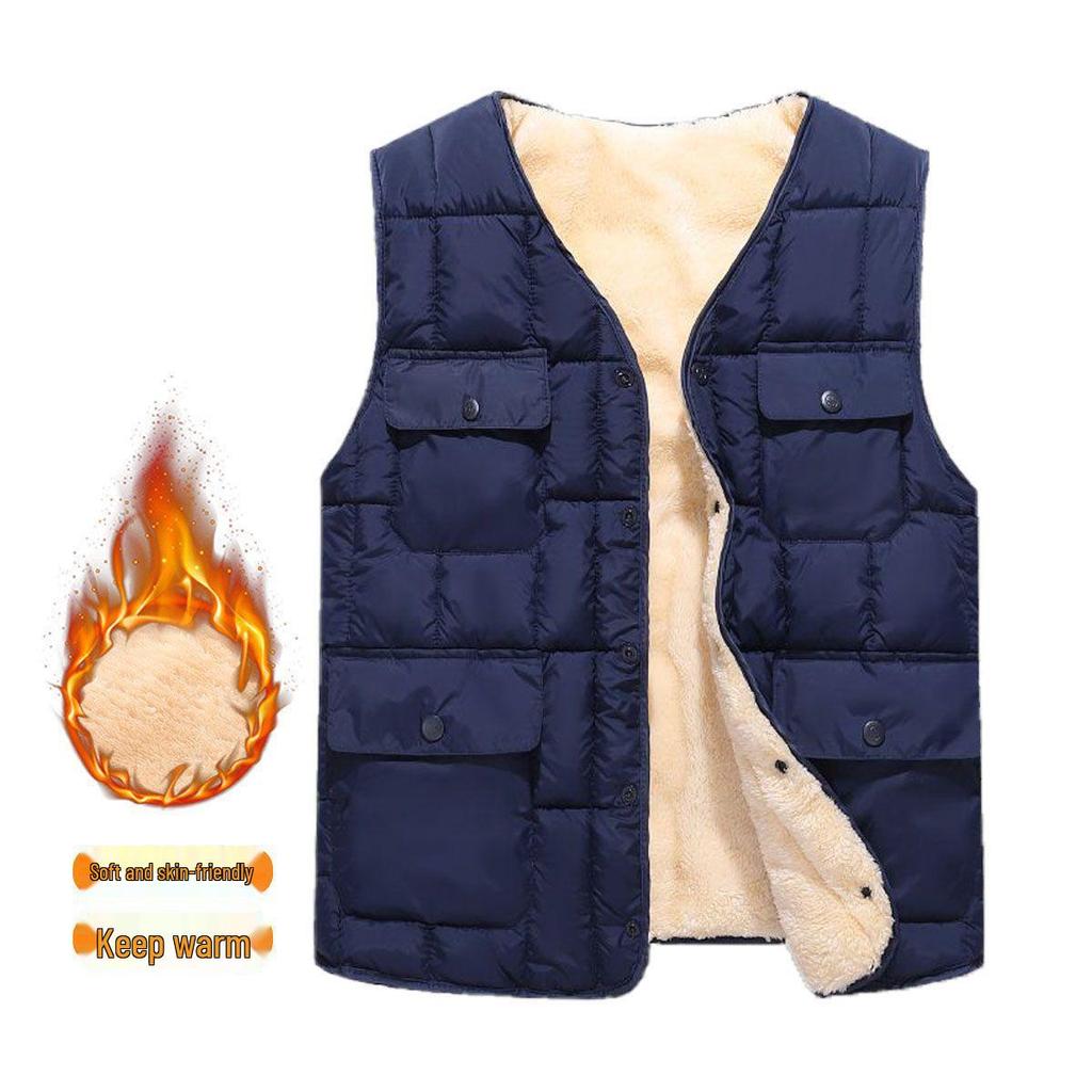 Men's Winter Fleece-Lined Vest: Thick, Multi-Pocket, Cold Protection Gilet for Middle-Aged and Elderly.