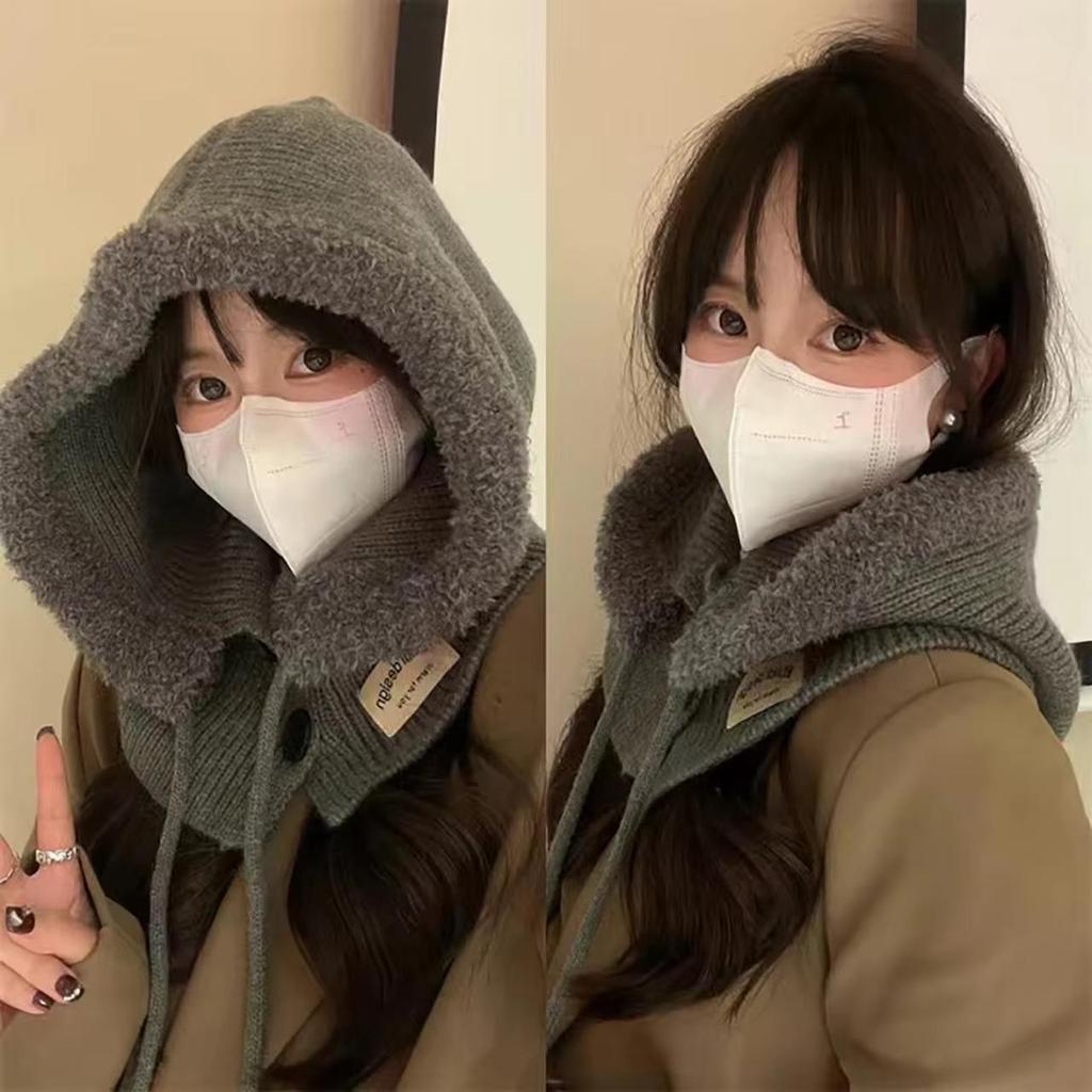 Women Wool Knitted Balaclava Hat Retro Solid Color Ear Warmer Hooded Cap Korean Girl Windproof One-piece Neck Collars Bonnet