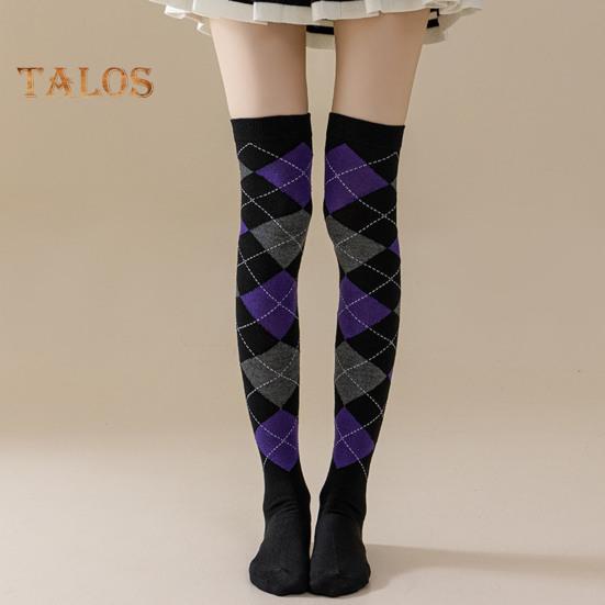 1 Pair Winter Socks Rhombus Printing Over-the-knee Socks Warm Extra Loose Ankles Contrasting Color Stockings for Daily Wear Dancing
