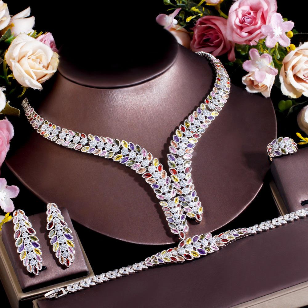 Kleid Luxus Farbiger Zirkon Schlüsselbein Kette Voller Diamant Halskette Ohrringe Armband Ring Set Kette Braut Schmuck