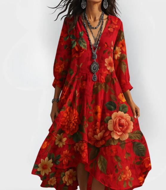 Midi-kjole med V-hals og blomsterprint, asymmetrisk fald, kort erme, flere farger