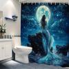 Ethereal Mermaid Under Full Moon Shower Curtain - Shimmering Turquoise Tail, Starry Night & Ocean Waves, Dreamy Fantasy Art
