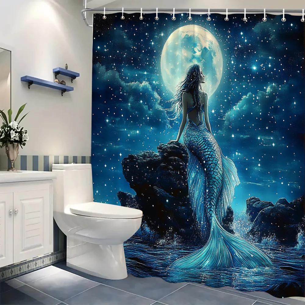 Ethereal Mermaid Under Full Moon Shower Curtain - Shimmering Turquoise Tail, Starry Night & Ocean Waves, Dreamy Fantasy Art