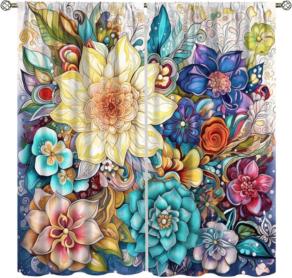 Bohemian Boho Floral Curtains Vintage Abstract Oil Painting Colourful Art Medieval Hippy Plant Flower Window Treatments Drapes Made Of Polyester