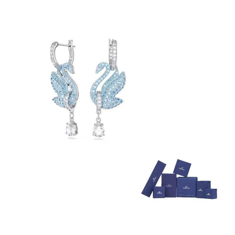 Swarovski Swan Rhodium plated Earrings Unisex Blue F-Original brand box синий