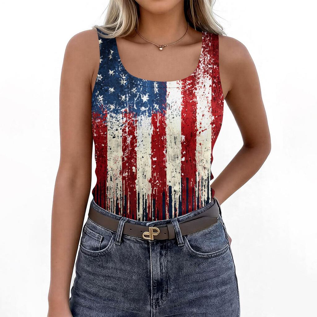 Women's Summer Fashionable Casual Independence Day Printed Round Neck Sleeveless Top Fitted Vest