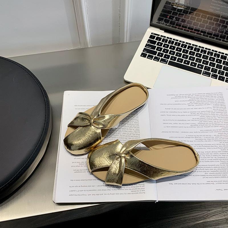 2025 new imitation leather bag head cool slippers women's summer outer wear flat bottom inner height half drag middle heel casual muller leather drag