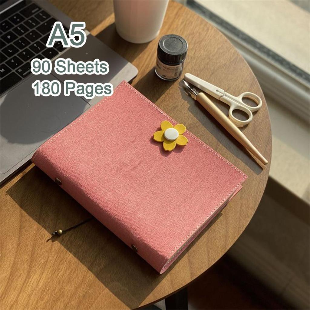 A5 travel diary, girls' leather notebook, student notebook, memo, 90 sheets, 180 pages, replaceable inner pages