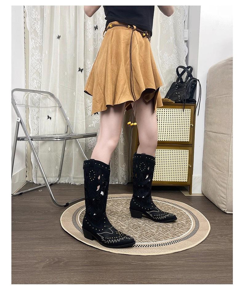 Retro pointed versatile hollow thick-soled western boots women's embroidery slim long cowboy boots thick heel high tube Martin boots