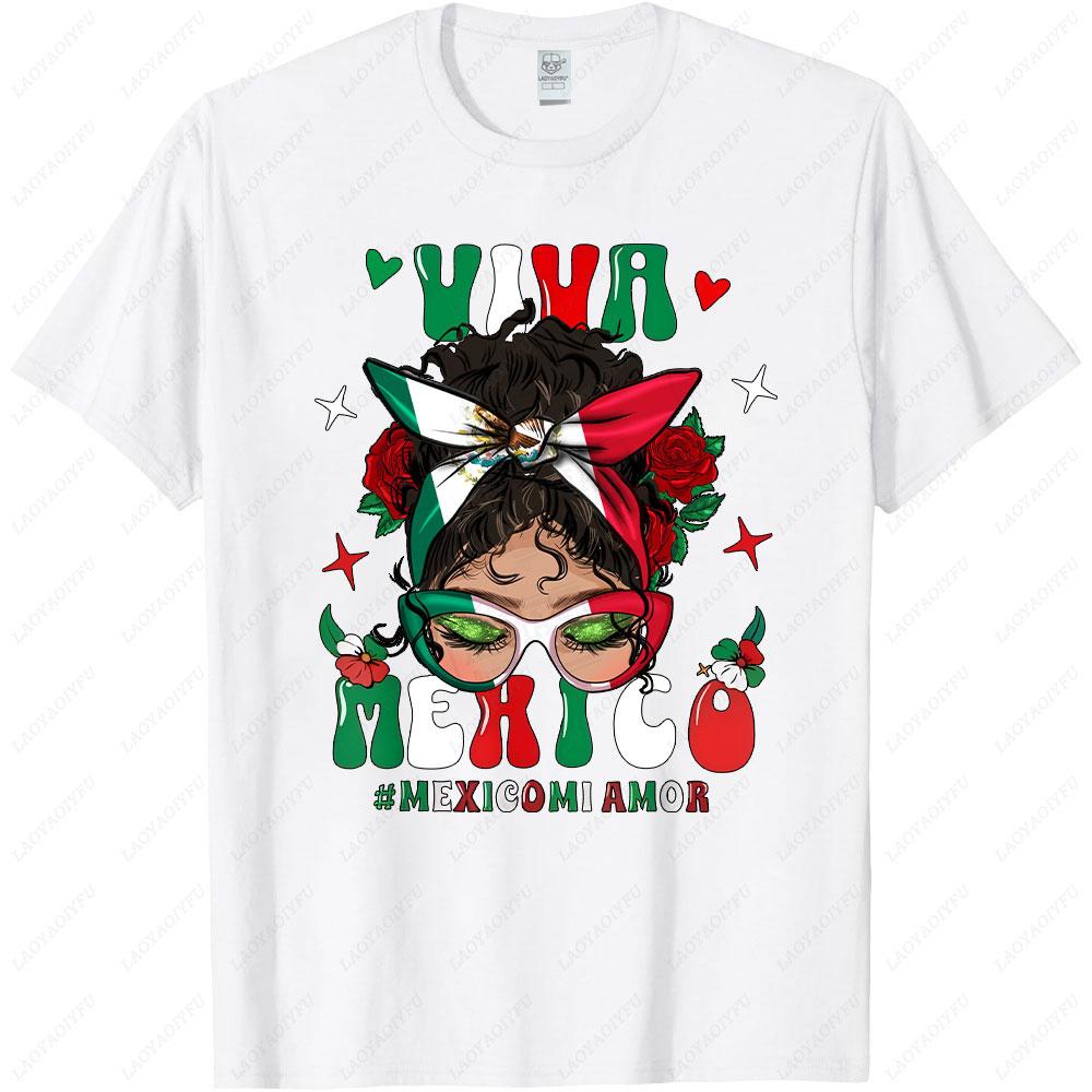 Viva Mexico Messy Bun High Quality TShirt Mexican Girl Hair Flag Graphic Women Clothes Mexico Pride Shirt ONeck ShortSleeve