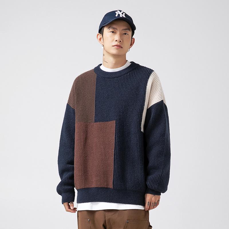 Unisex Color Block Striped Sweater, Autumn/Winter, Japanese Style, Loose Fit, Thick Knit