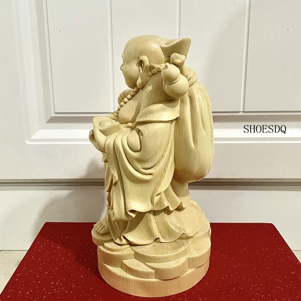Wood Carved Buddha Statue Hotei Cypress Wooden High Quality Wood Money Luck Ornament Ornament, Carving, (Size 16cm)
