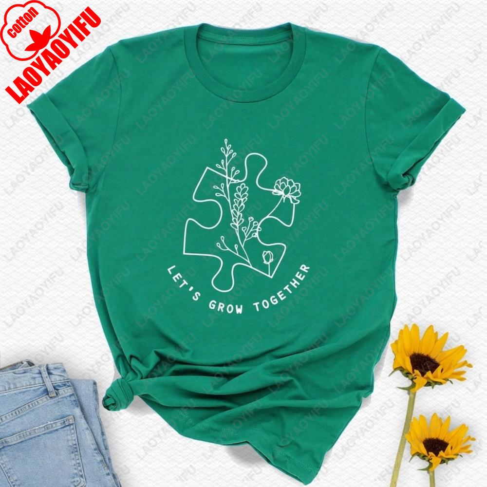 Lets Grow Together StateUnisext Printed Graphic T Shirts Plant Puzzle Creative Fashion Style Tshirt Unisex Street Fashion Tops S