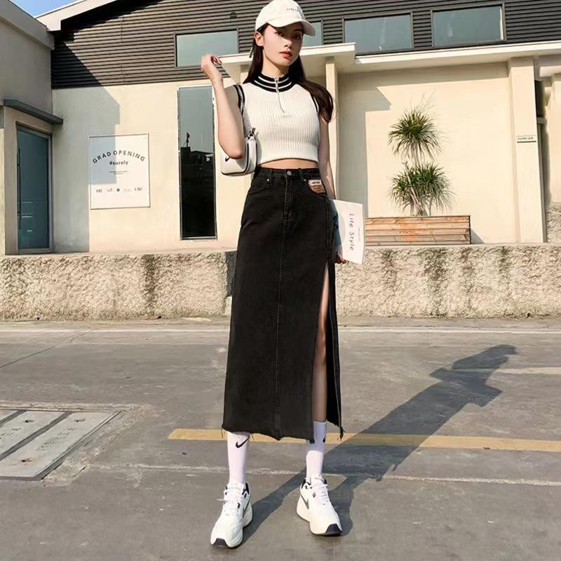 High-Waisted Blue Denim A-Line Skirt with Side Slit for Women - Autumn/Winter 2023