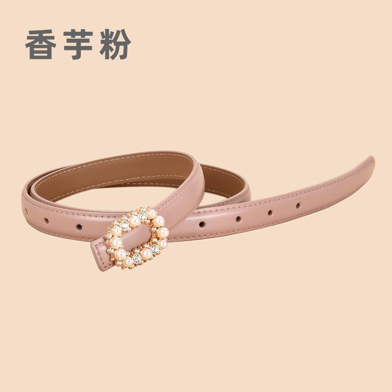 

Четыре сезона в наличии новый женский ремень с круглой пряжкой Pearl Water Diamond, декоративный ремень, универсальный пояс из натуральной кожи с гладкой пряжкой 105cm