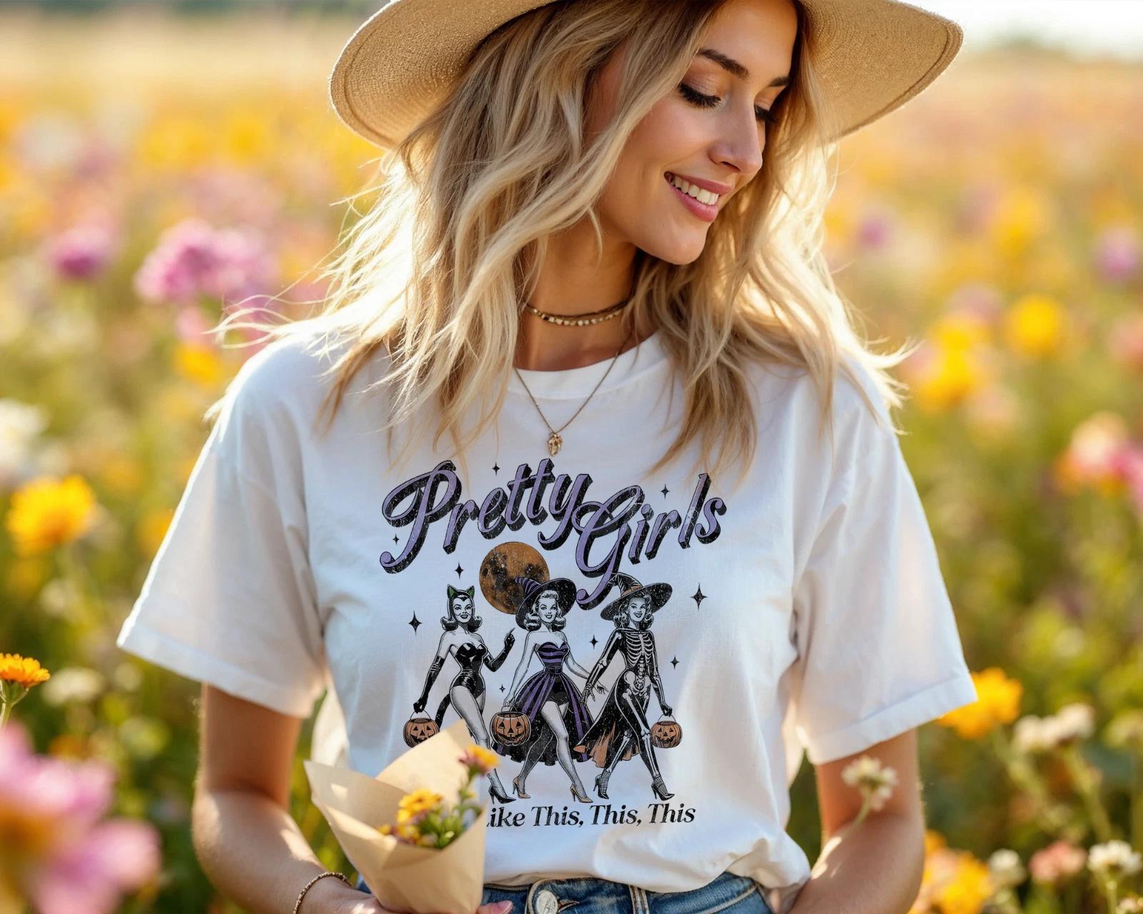 Pretty Girls Walk Like This Shirt Retro Halloween Witch Cat Skeleton A430 S
