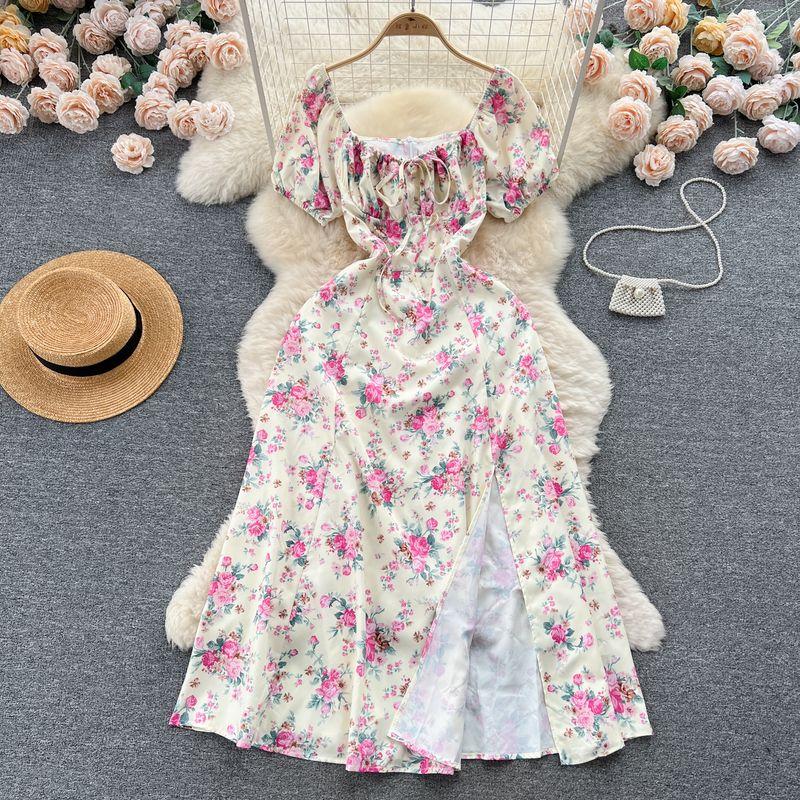 Puff Sleeves Summer Slimming Mori Style Split Dress