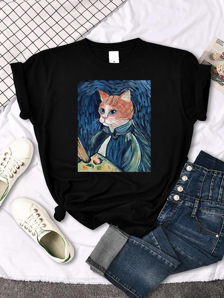 Mona Lisa T Shirts Funny Cat Lovely Cute Printed TShirt for WomenS Crewneck Gothic Women Tshirt Casual Female Tee Shirts
