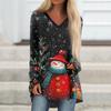 Ladies' Fashionable Casual Christmas Printed T-shirt Long Sleeved V-neck Mid Length Top