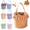 Versatile Household Storage Halloween Basket, Plaid Ruffle Trick or Treat Candy Bucket with Handle Easter Egg Hunt Carriers for Kids, Reusable Gingham