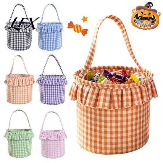 Versatile Household Storage Halloween Basket, Plaid Ruffle Trick or Treat Candy Bucket with Handle Easter Egg Hunt Carriers for Kids, Reusable Gingham