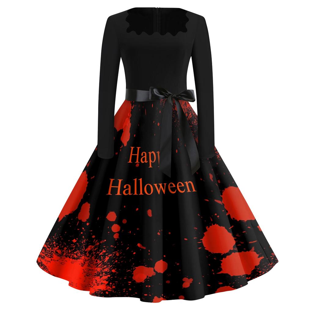 Women's Casual Vintage Dress with Halloween Print Square Neck for Daily Wear