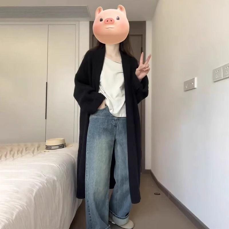 

2024 Early Autumn New Black Long Sweater Coat Knitting Cardigan Women s Autumn and Winter Korean Style Lazy Wind Coat Black Cardigan L