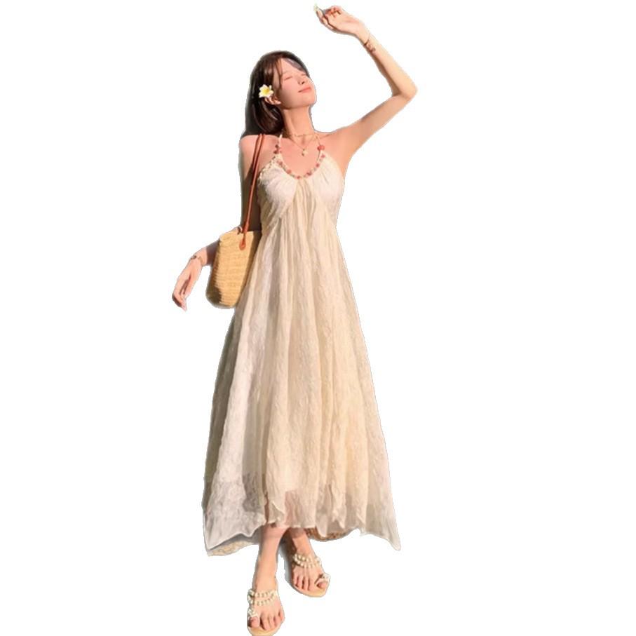 Women s Summer Backless Halterneck Chiffon Dress - Gentle and Sweet Beach Vacation Style Large