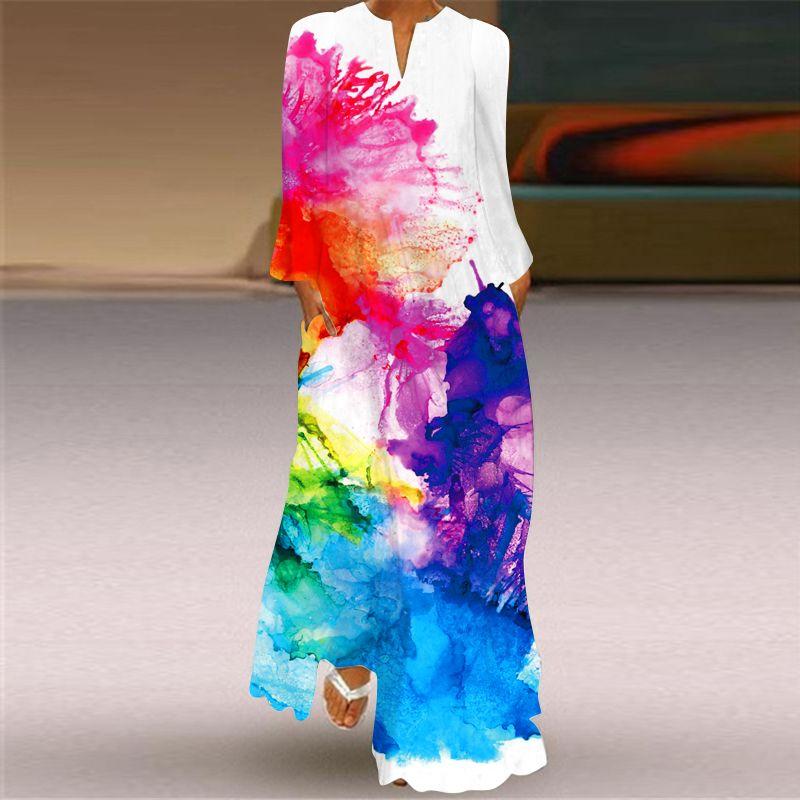 Fashion Style Spring and Summer Fashion New Women's Retro Butterfly Print Long Dress Export V Neck Long Sleeves Pocket Dress