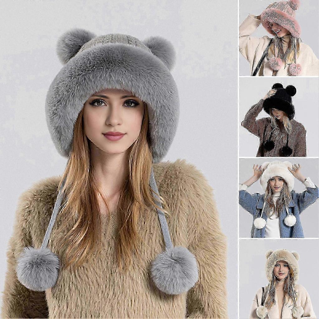 Winter Ladies Hat Fluffy Plush Thickened Heat Retention Ball Decor Ear Protection Solid Color Windproof Outdoor Camping Cycling Skiing Headwear