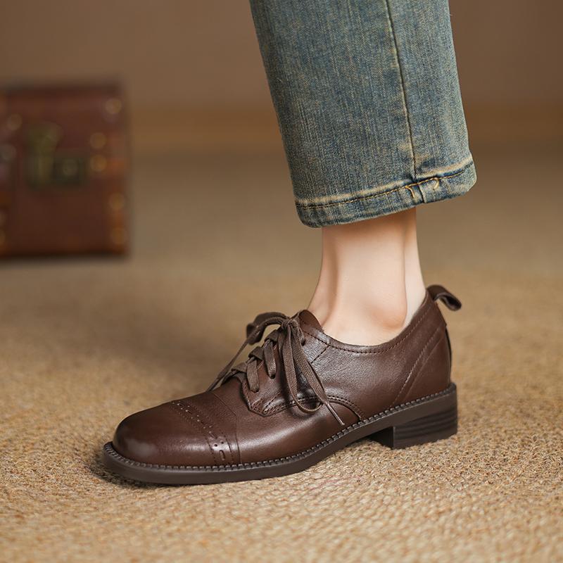 Fashion Genuine Leather Women Oxford Shoes Spring 2025 New Thick Heels Shoes Classic Lace-Up Vintage Office Dress High Heels Women Pumps