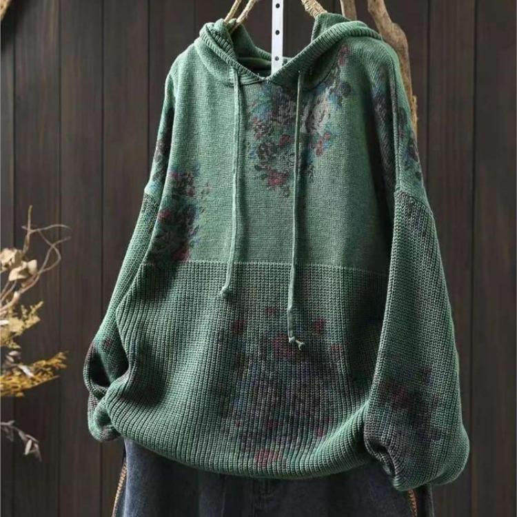 

Vintage Floral Print Knitted Sweaters for Women Loose Soft Hooded Spring Long Sleeve Cloths One Size зелёный